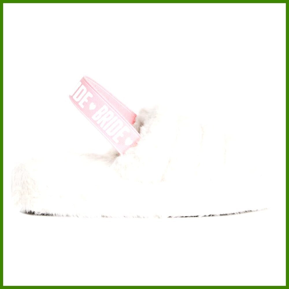 White Faux Fur Platform Slippers with Bride Logo